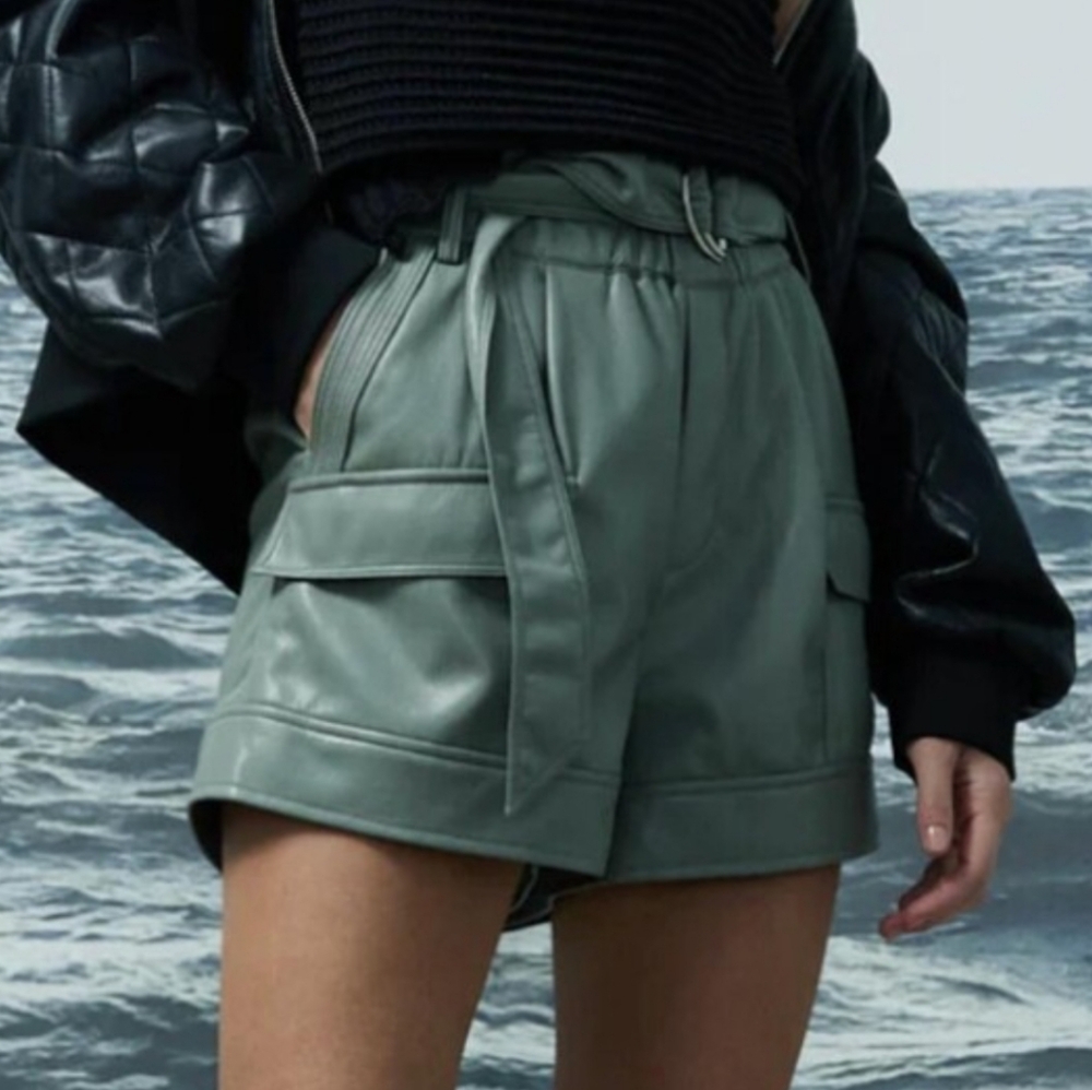 Melissa Nepton Parker Faux Leather Shorts Sage Green Paperbag Waist Medium